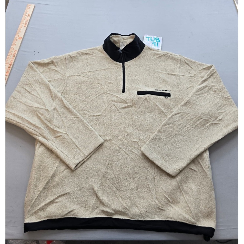 Old Navy Mens Fleece Quarter Zip Pullover Tan Black Large Mock Neck Vintage